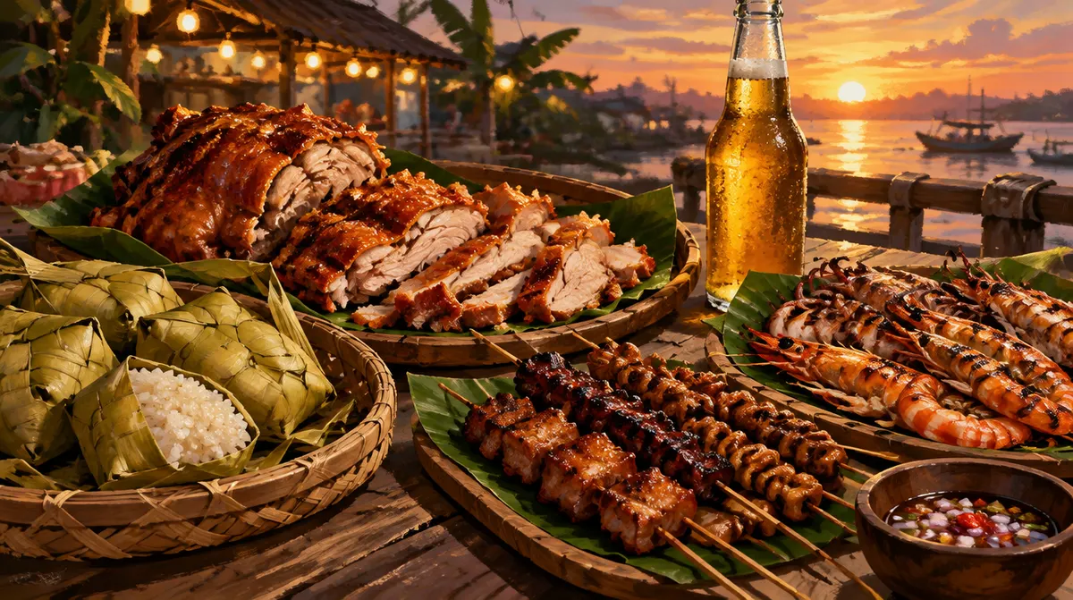 세부 대표 음식 레촌과 바비큐 꼬치, 푸소, 산미겔 맥주가 놓인 식탁 일러스트