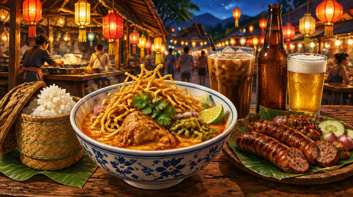 치앙마이 야시장 노점의 카오소이와 찹쌀밥, 북부식 소시지, 커피와 맥주 일러스트